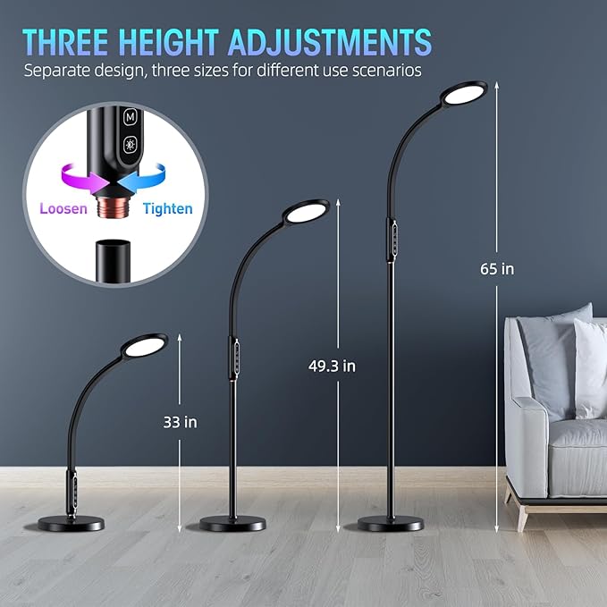 FBBJFF Happy Light Therapy lamp 11000 Lux, LED UV-Free Sunlight lamp,Full Spectrum Happy Therapy lamp with 10 Adjustable Brightness Levels, 2 in 1 Retractable Floor Sad Lamp (Black)
