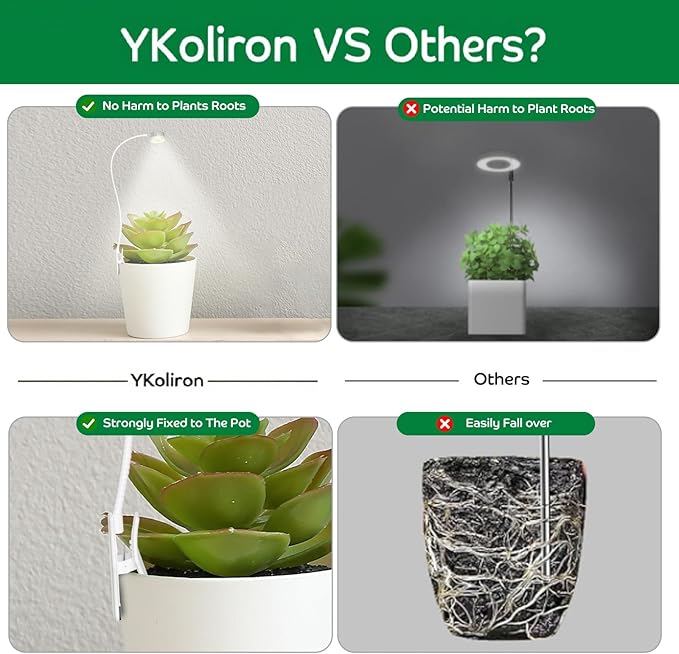 YKoliron Grow Lights for Indoor Plants, Clip on Full Spectrum Plant Light, Plant Grow Lights Indoor with Adjustable Gooseneck and 10-Level Dimming, 3/9/12H Timer for Office Home (1 Pack)
