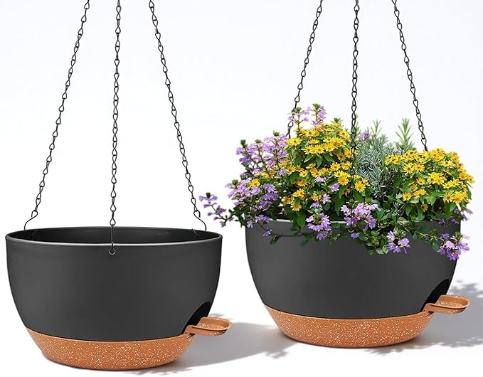 zople 2 Pack 12 Inch Large Hanging Planters with Chains Self Watering Black Brown Plastic Hanging Pots for Indoor Outdoor Plants, Garden Porch Home Decor，Black Brown