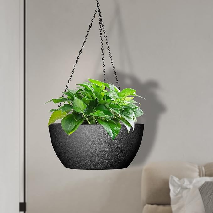 WSMKSZ 13 inch Large Hanging Planters Plant Pots for Outdoor Indoor Plants with Drainage Holes and Chain, 2 Pack Round Hanging Flower Pots for Garden Home Porch Decor, Black