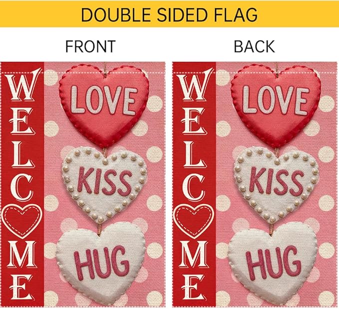 Welcome Love Kiss Hug Garden Flag Valentines Day Garden Flags 12x18 Inch Double Sided Small Burlap Valentine’s Day Seasonal Decor for Outdoor Yard Patio Porch