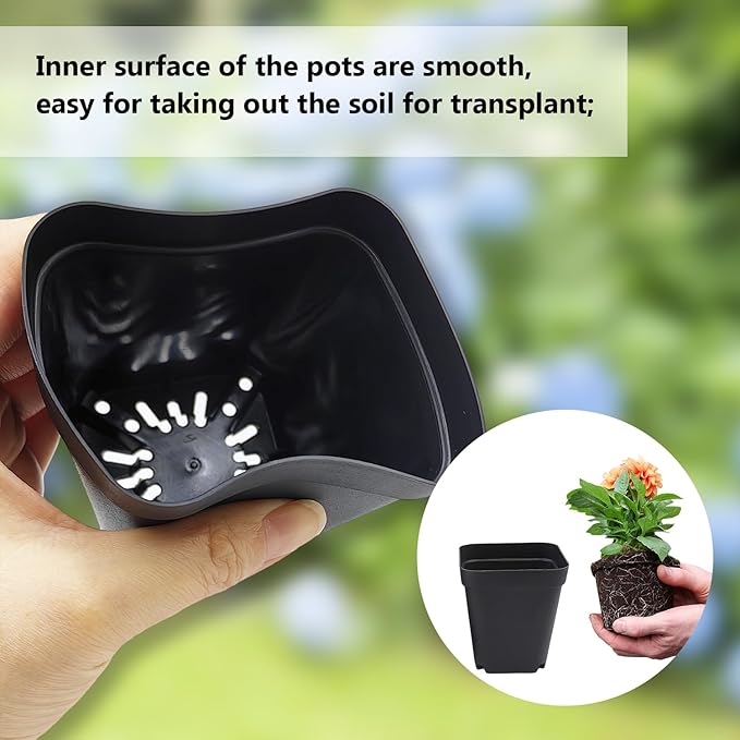 RooTrimmer Square Nursery Pots 3.54Inches 90 Pcs Seedling Flower Post Plastic Thick Seed Start Germination for Plant Propagation,Sturdy Suit for 1020 Trays(Black,3.54Inches,90Pcs)