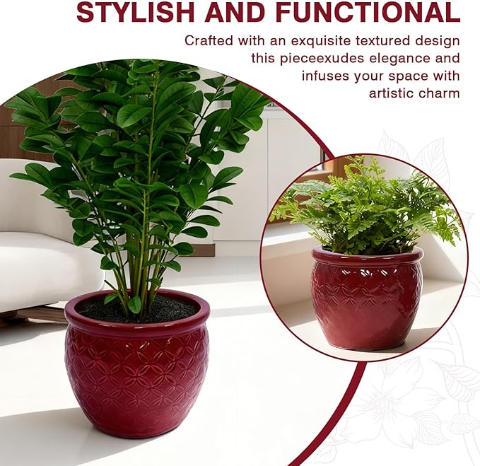 Tiered Ceramic Planter Set with Drainage Hole, 3-Piece (9/12/15 Inch) Indoor & Outdoor Flower Pots for Plants, Modern Planters for Patio, Balcony, Garden-Red