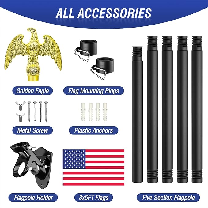 Flag Pole for Outside House, Outdoor Black Heavy Duty Porch 6 FT Flag Pole Kit, for Residential or Commerical, Tangle Free Flagpole (Include American 3 X 5 Flag, Wall Mount Holder, Eagle Shaped Head)