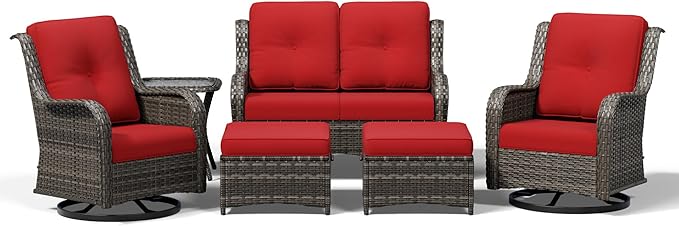 Joyside 6 Piece Wicker Patio Furniture Set, Outdoor Swivel Rocker Patio Chairs with High Back, Deep Seating, Wide Armrest, Thickened Cushions, Outdoor Furniture for Deck, Porch Use
