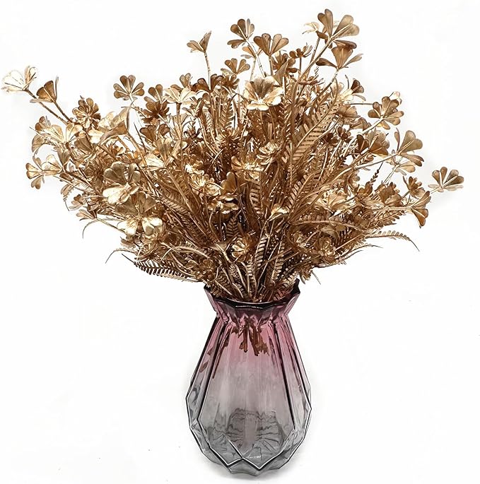 Artificial Golden Plants Decor, Fake Glitter Clover Stem Plastic Flowers Faux Simulation Good Luck Grass Stems Twigs for Wedding Picks Decoration DIY Wreath Crafts Christmas Tree Filler - Gold 10 Pcs