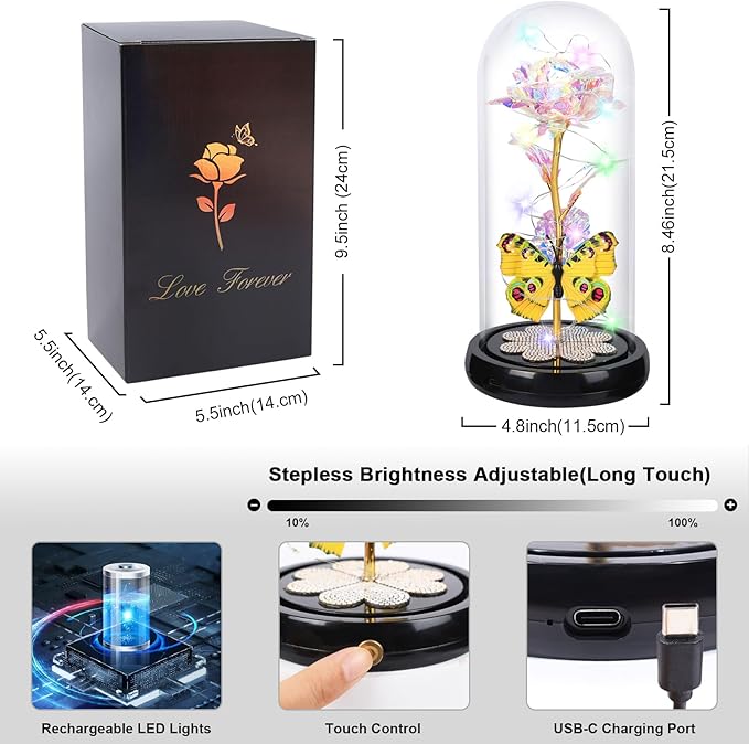 Pusuny Valentines Day Rose Gifts for Her Birthday Gift for Women, Rechargeable Galaxy Glass Rose in Glass Dome Colorful Crystal Flower Butterfly Valentine Gifts for Women Daughter Mom Wife Girlfriend