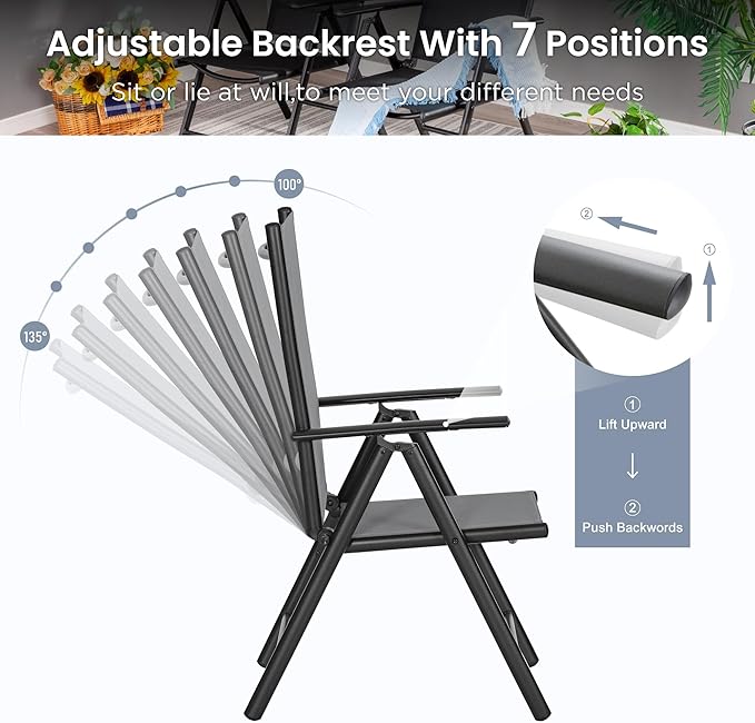PHI VILLA Outdoor Patio Folding Chairs Set of 2, Portable Patio Dining Chairs with Adjustable Backrest for Outside, Garden, Lawn & Yard, No Assembly, Grey