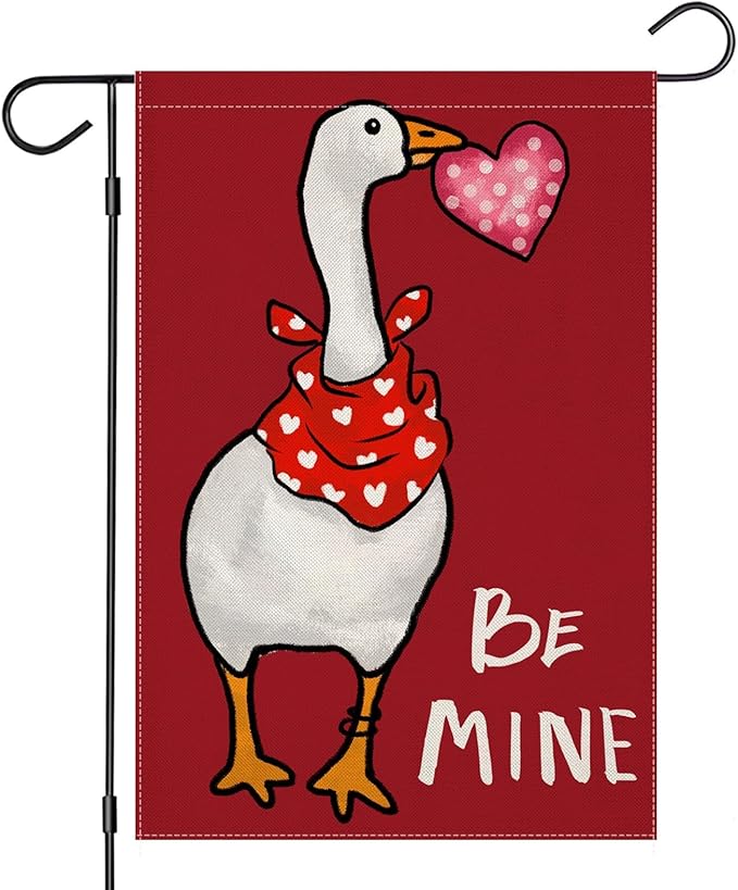Valentines Day Garden Flags 12x18 Inch Double Sided, BE MINE Funny Goose with Love Heart Small Seasonal Decoration for Holiday Anniversary Wedding Yard Outside Outdoor