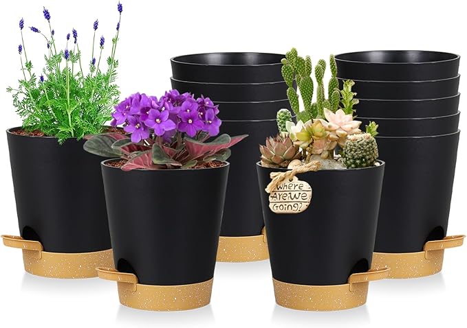 zople 12 Pack 4 Inch Self Watering Plant Pots with Drainage and Saucers，Plastic Flower Pots for Indoor and Outdoor Plants, Nursery Planters for Houseplants and Herbs Black Brown, 4 inch 12pcs