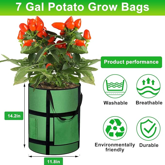 MEKOLIFE 7 Gallon Potato Grow Bags with Viewing Window, 300G Nonwoven Garden Planting Pots, Heavy-Duty Surround Handles for Gardening Supplies (2Pack Grow Bags)