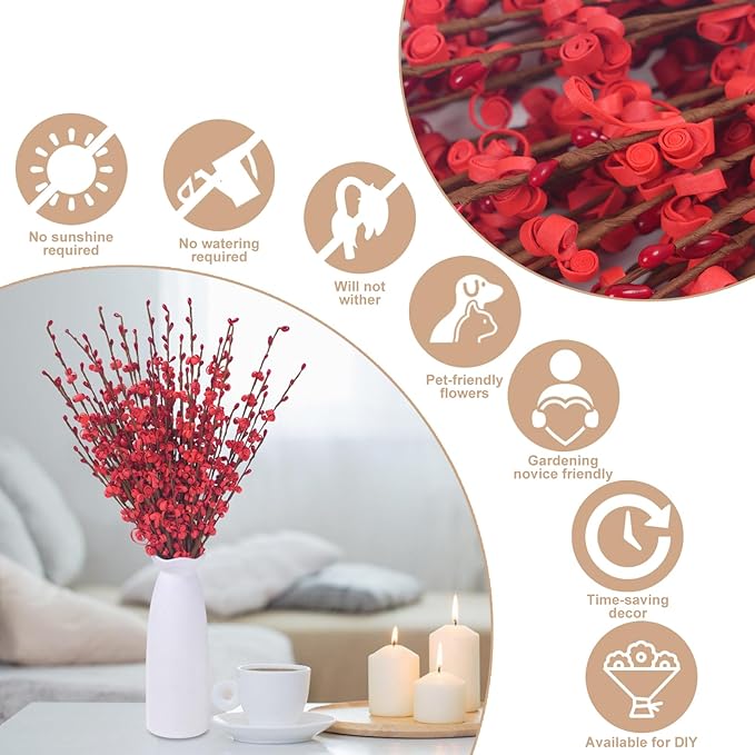 10Pcs 17.5'' Red Flowers Artificial Jasmine Flowers Faux Patriotic DIY Floral Art Red Berries Stem for Valentine's Day Table Centerpieces Vases Home Wedding Bouquets Party Decorations