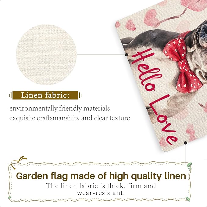Valentine's Day French Bulldog Hello Love Garden Flag, House Yard Plaid Love Heart Outside Decoration, Spring Holiday Wedding Anniversary Outdoor Small Decor 12x18(12625)