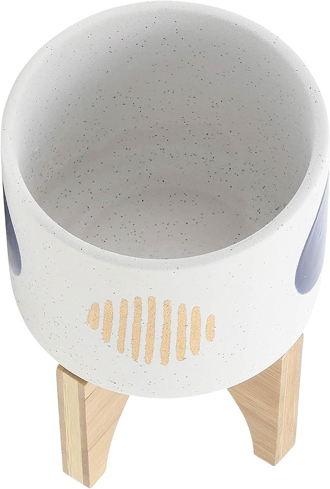 Ceramic Planter Set with Bamboo Stand – Plant Stand Indoor For Everyday Greenery, Living Room or Patio, Geometric Design Planter with Stand For Sculptural Home Decor Display – 11" 7", White