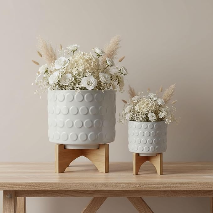 Set of 2 Ceramic Planters with Bamboo Plant Stand Indoor – Elevated Plant Stand Display, Living Room or Patio Planters – Textured Design for Modern Balance and Warmth, Home Decor – 7" & 10.5", White