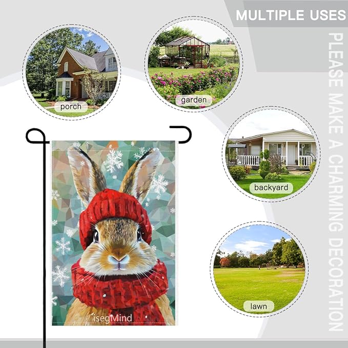 Rabbit with Red Scarf and Hat Snowflake Christmas Garden Flag, 28x40 Inch Double Sided Linen Holiday Red Winter Farmhouse Yard Outdoor Decoration (4337)