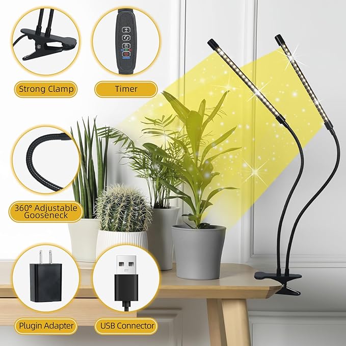 Grow Lights for Indoor Plants,Plant Light with Full Spectrum,10 Dimmable Level, 3/9/12H Timer,3 Switch Modes, Adjustable Gooseneck,2 Heads Clip-On