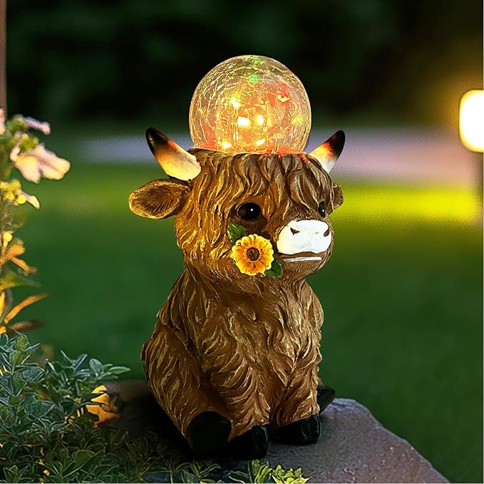 HONGLAND Highland Cow Solar Outdoor Statues for Garden, Outside Decor with Color Changing Lights for Yard Lawn Ornaments Porch Patio Balcony Home Farmhouse, Birthday Gifts for Grandma Mom Women