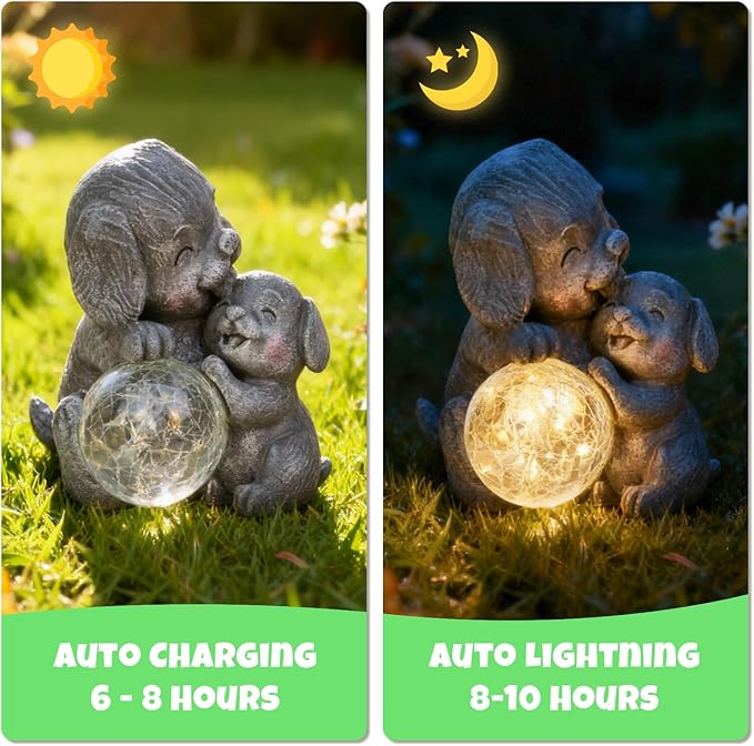 Komothala Solar Garden Statue Light, Outdoor Puppy Figurine with Solar Light for Patio, Lawn, Yard, Housewarming Birthday Gifts for Dad, Mom, Grandma,Women (Grey Dog)