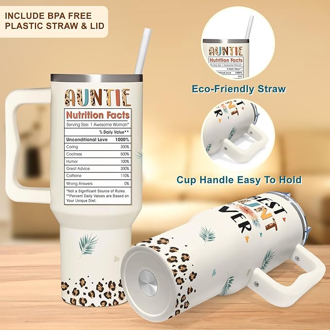 AT2Z GLOBAL Mothers Day, Christmas, Birthday, Gift for Auntie, Aunts - Gifts for Aunt, Auntie - Aunt Gifts from Niece, Nephew - Gift for New Aunts - 40oz Tumbler With Handle & Straw