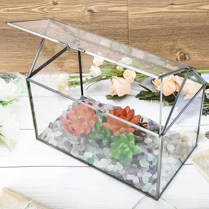 HighFree Geometric Glass Terrarium with Acrylic Lid, House Shape Black Terrarium with Breathing Holes for Snails, Succulent, Cacti, Air Plants, 10.3x8.3x5.9 inch (Terrarium Only)