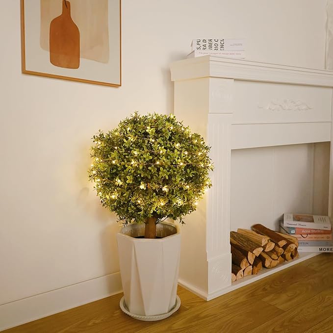 26" Artificial Boxwood Topiary Trees - 19.7" W Large Faux Plants Outdoor for Front Porch Decor, UV-Resistant Potted Shrubs with LED Lights, Realistic Fake Greenery Balls for Patio Entrance, Set of 2