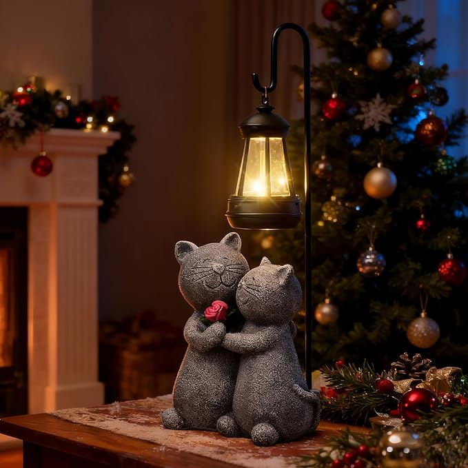 Outdoor Cat Garden Statues with Solar Lantern, Solar Lantern Cat Figurines Decor for Yard, Lawn, Porch & Patio, Unique Housewarming/Birthday Gifts for Women