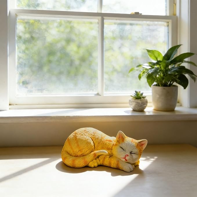 Garden Outdoor Decor Cats Statue, Sleeping Cat Figurines Garden Statues & Sculpture Decor for Patio, Porch and Lawn, Cat Memorial Stone Gifts for Lover and Womens Orange