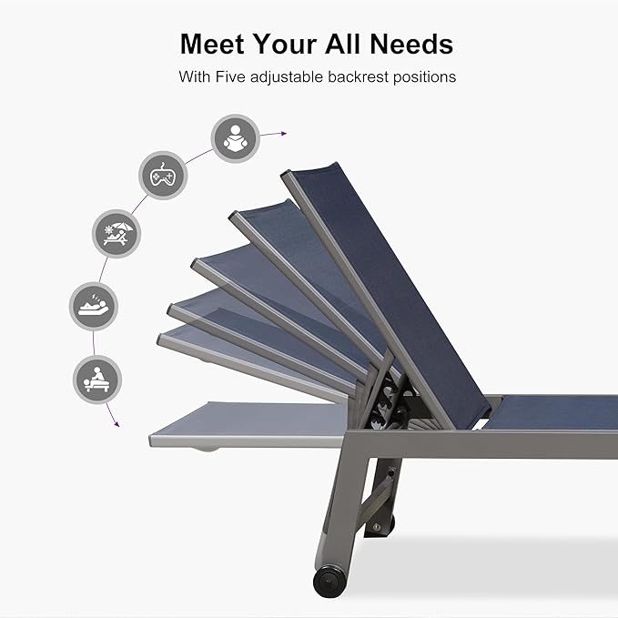 PURPLE LEAF Outdoor Lounge Chair Set for 2 Pool Reclining Lounge Chairs with Easy-to-Move Wheels and Adjustable Backrest Aluminum Patio Chaise Lounger for Beach Yard Pool Table Included, Ocean Slate