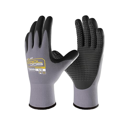 COOLJOB 12 Pairs Nitrile Rubber Coated Nylon Safety Work Gloves Pack Bulk, Dotted for Non-Slip Grip, Breathable Soft Seamless Knit Nitrile Dipped Gloves for Warehouse, Home Improvement, Yard, Medium