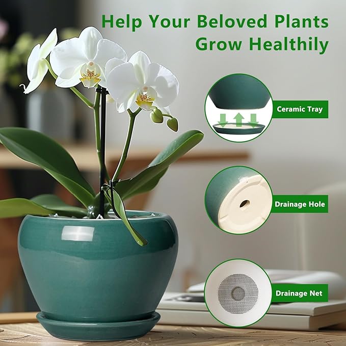 Ceramic Planter for Indoor Plants 10 Inch - Ceramic Plant Pot with Drainage Hole and Saucer, Glaze Round Modern Decorative Planter, Plant Lover Gifts, Home Room Office Decor, Green