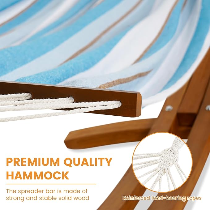 Lazy Daze Hammocks Cotton Fabric Spreader Bar Hammock and 10.5 Ft Wood Arc Hammock Stand Combo, for Indoor, Outdoor, Patio, Backyard, Blue and White