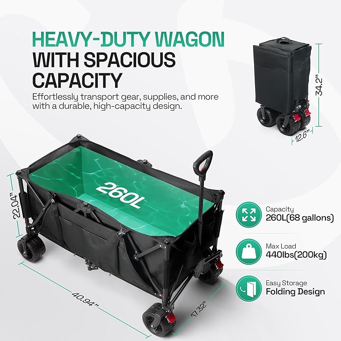 TerrainGO Foldable Utility Wagon Cart with Interchangeable All Terrain Wheels Patent Pending Collapsible Beach Wagon - Camping Essentials with Cooler Pouch, Storage Pockets, and Cup Holders