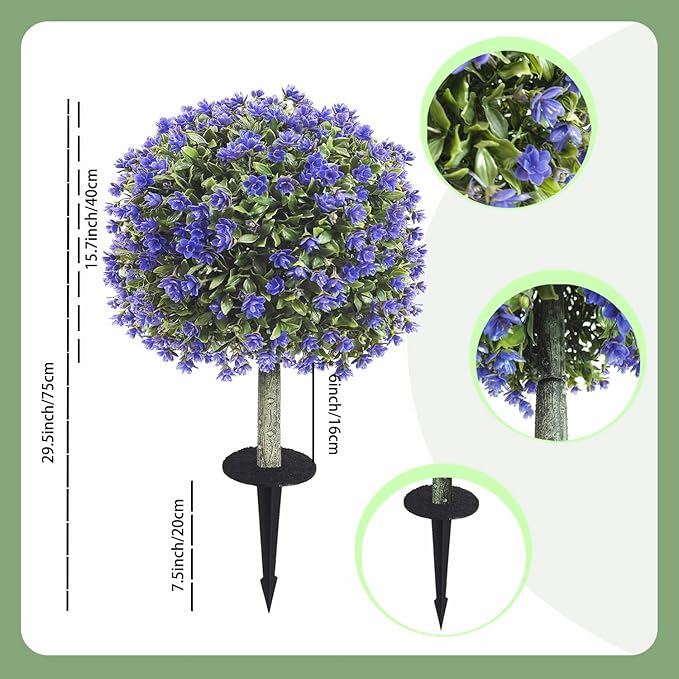 R’s Ceder Artificial Boxwood Topiary Ball Trees with Purple Rose, 2 Set of 19'' UV Resistant Fake Evergreen Shrubs Bushes Plants with Ground Spike Fake Plants for Outdoor Indoor Front Porch Garden