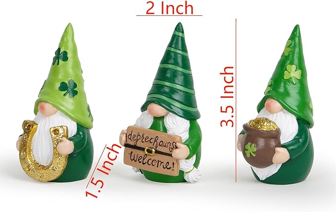 Hodao St. Patrick’s Day Gnomes Figurines— Hand-Painted Resin Leprechaun Gnomes with Pot of Gold, Horseshoe & Shamrock, Lucky Green Home Decor & Gift