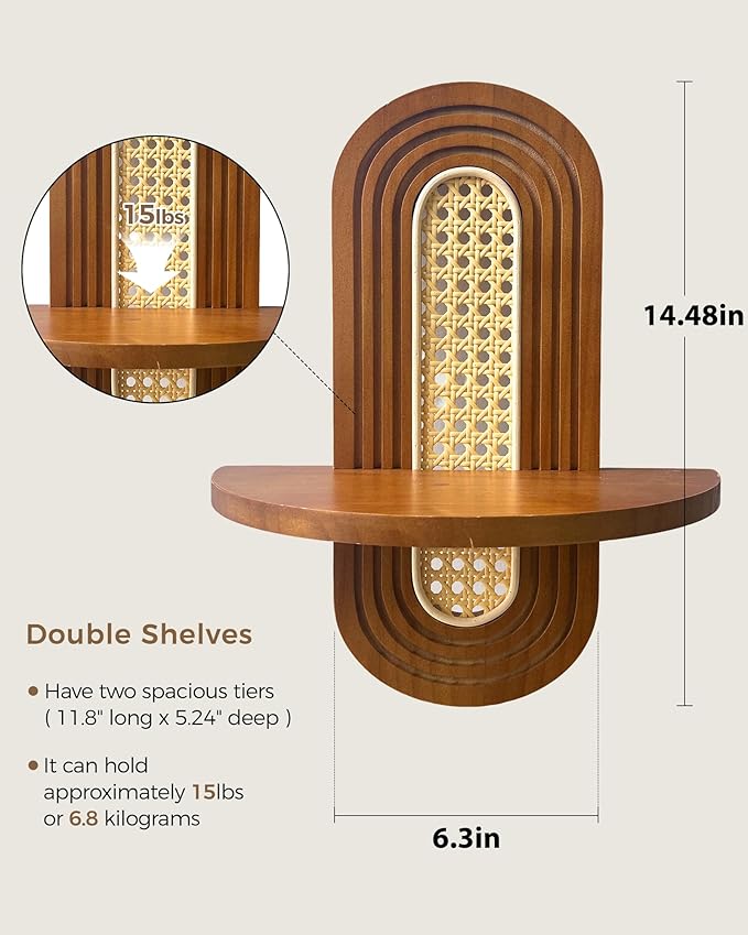 Bamworld Boho Wall Decor Brown Plant Wall Shelf, Mid Century Modern Decor Hanging Plant Shelf, 1-Tier Bamboo Floating Shelves for Home, Bathroom Bedroom Living Room, Office Holding Planter Decoration