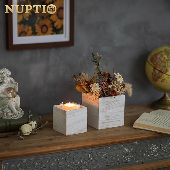 NUPTIO Wooden Box for Centerpiece Wedding: 6 Pcs Rustic Square Planter Box Farmhouse Table Fall Decor - 4×4" & 5×5" Whitewashed Small Wood Vases Flower Pots for Windowsill Home Garden