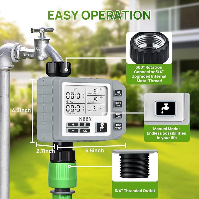 NBBX Sprinkler Timer for Garden Hose, Outdoor Watering System with Rain Delay, Manual & Automatic Mode, 1 Outlet