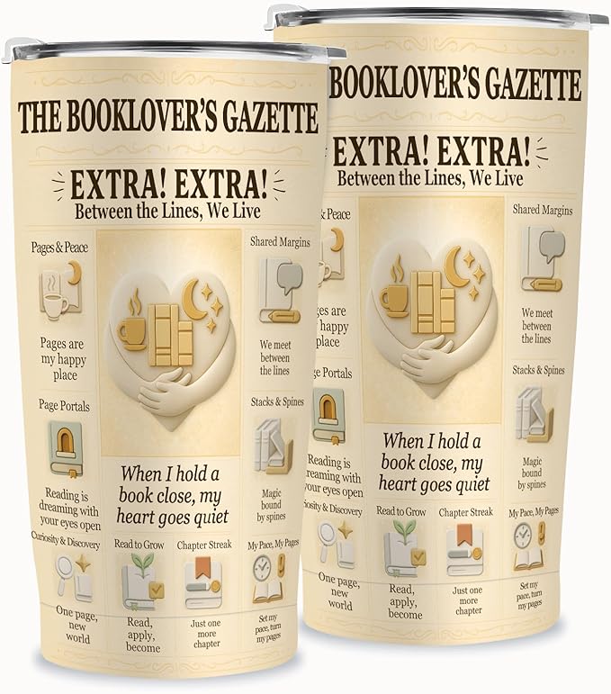 Book Lover Reading Tumbler 20 oz - Vintage Newspaper Reading Cup, Stainless Steel Double-Wall Vacuum Insulated, Lid & Straw, Car-Cup-Holder Fit, Cozy Gift for Readers, Book Club, Librarian, Teacher