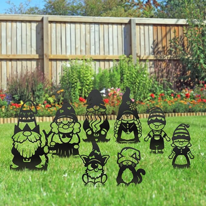RealSteel Build Your Gnome Family Garden Stakes – Custom Metal Yard & Lawn Decor – Farmhouse Outdoor Garden Gnomes – Choose Your Set - Unique Gift - Small Cat