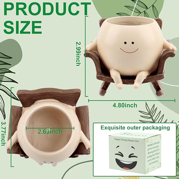 KIUGCO Cute Resin Flower Head Planters, Smily Face Planter Pots for Indoor Plants, Sit Rocking Chair Succulent Flower Pots with Drainage Hole, Gift IdeaI for Birthday