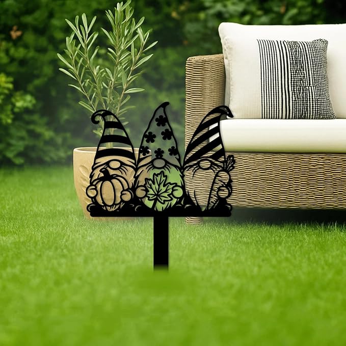 Magilab Personalized Iron Yard Stake - Christmas Cute Gnome Dwarves Decor, 8-Inch Black Metal Garden Sign for Outdoor (Style F)