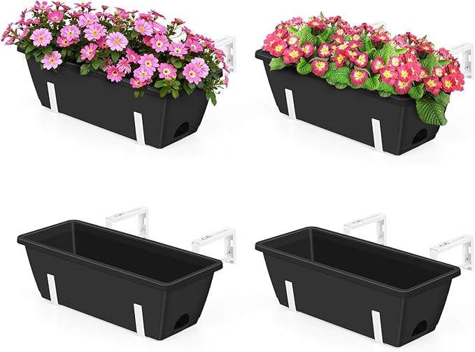 OYEAL 4 Pack Railing Planter Box Outdoor, 17 Inch Plastic Flower Pots with Adjustable Brackets, Hanging Window Boxes Planter Flower Herb Plant Pot for Garden Fence Patio, Balcony Decor, Black & White
