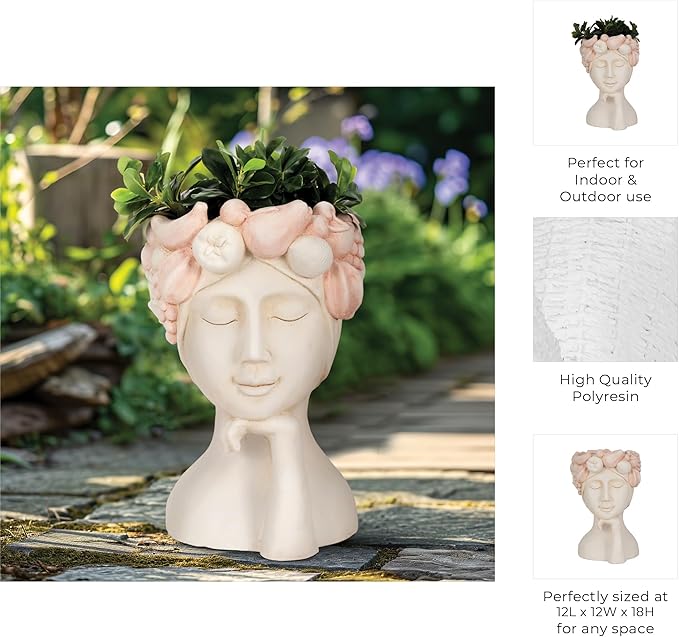 Resin Planter Pots – Decorative Planters for Plants, Indoor Living Room or Covered Patio Placement, Art Face Design Flower Pots for Sculptural Floral Home Decor – 18", White/Pink