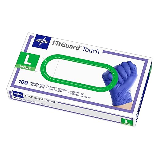 Medline FitGuard Touch Nitrile Exam Gloves, 100 Count, Large, Powder Free, Disposable, Not Made with Natural Rubber Latex, for Medical Tasks, Durable for Household Chores