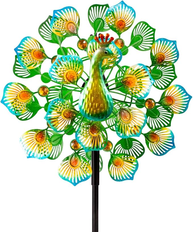 VEWOSTAR Peacock Wind Spinners Outdoor,13” Metal Wind Spinner Garden Pinwheels,360°Peacock Wind Sculptures & Spinners,Kinetic Wind Spinners for Yard and Garden(13.8”W X 64.2”H)