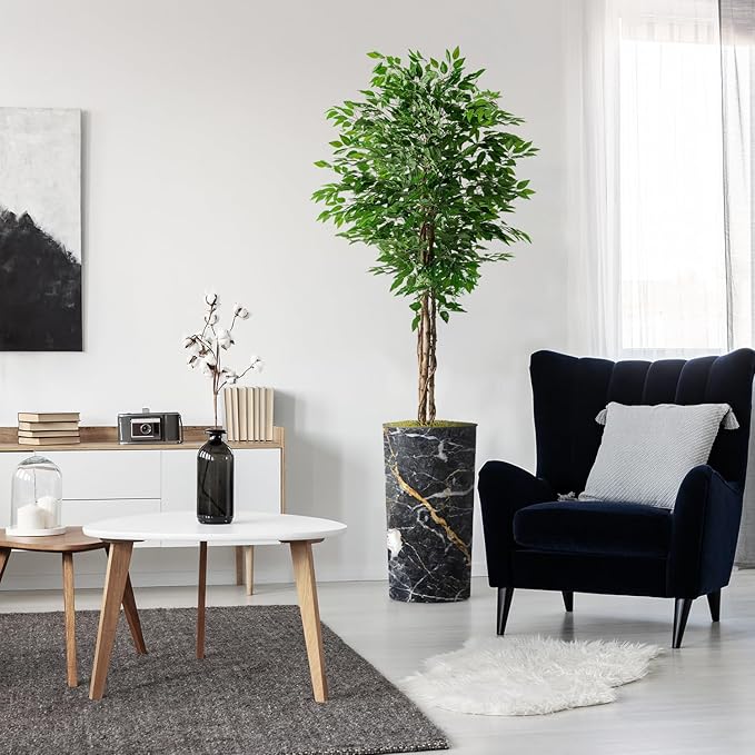 Artificial Tree in Modern Granite Effect Planter, Fake Ficus Silk Tree for Indoor and Outdoor Home Decoration - 75" Overall Tall (Plant Pot Plus Tree)