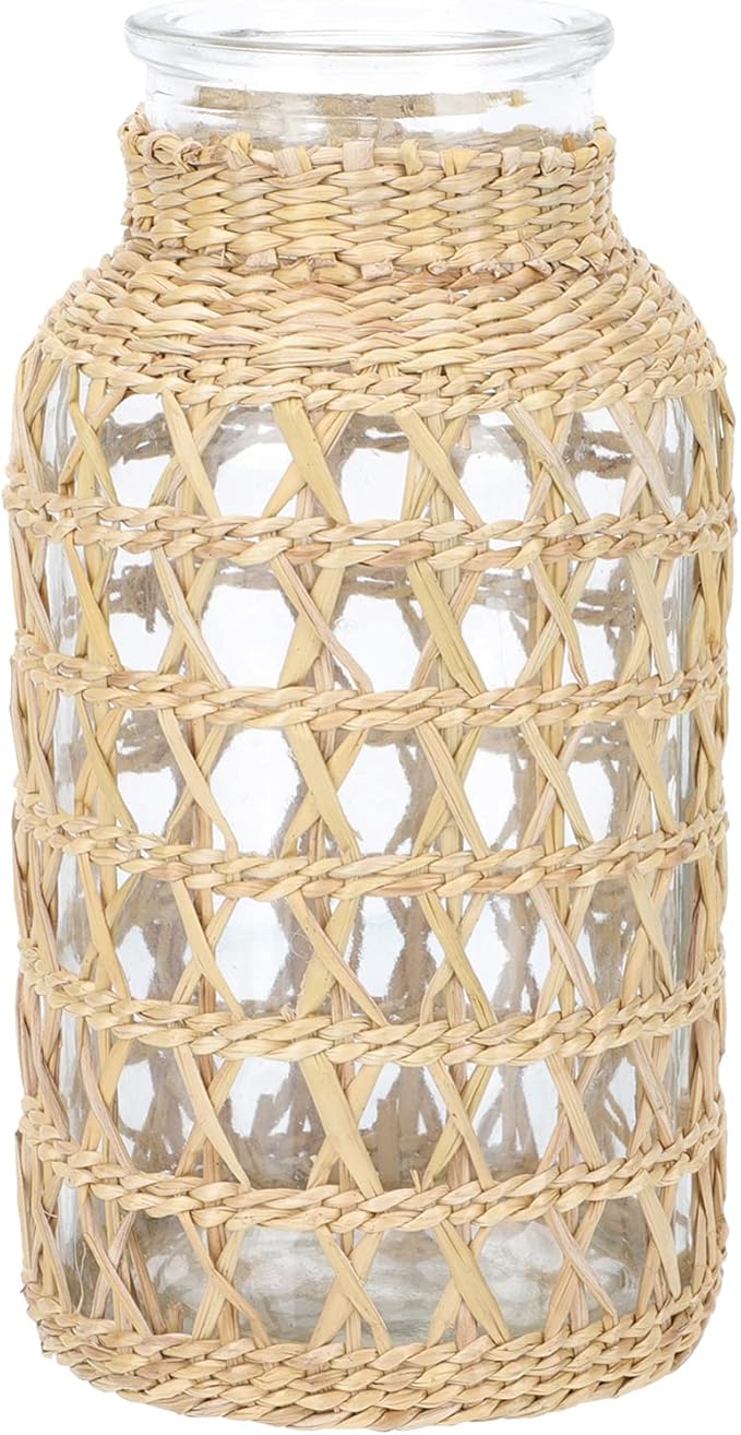 Cabilock Small Clear Flower Vase with Rattan Woven Cover Flower Bud Container for Farmhouse Floral Arrangements Housewarming Party Decorations (3.2x3.2x6.2 inch)