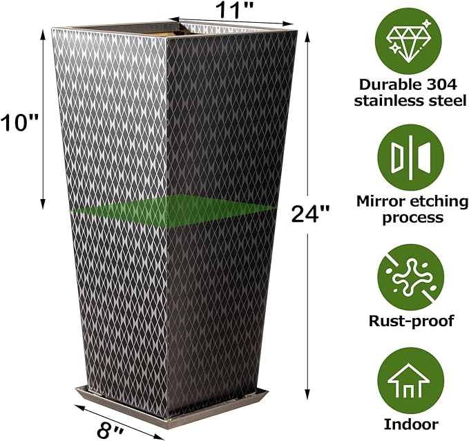 CYC Luxury Stainless Steel Black Taper Tall Planter Box Set of 2 with Mirror Etching No Coating 24”H Top 11” Bottom 8”,Decrative Pot Indoor, Modern Décor for Home,Office,Tall Plants,Trees,Flowers
