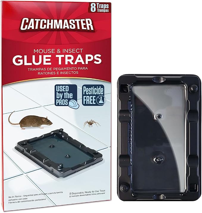 Catchmaster-8 Mouse & Insect Glue Traps, Heavy-Duty Pesticide-Free Sticky Mouse Traps Indoor for Home, Used by The PROs, Adhesive Rodent & Bug Catcher, Pest Control for House & Garage